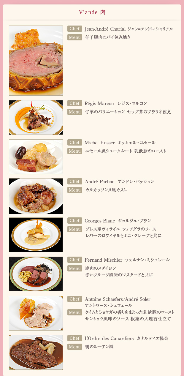 「Viande 肉」【Chef】Jean-Andre Charial ジャン=アンドレ・シャリアル【Menu】仔羊腿肉のパイ包み焼き/【Chef】Regis Marcon レジス・マルコン【Menu】仔羊のバリエーション セップ茸のプラリネ添え/【Chef】Michel Husser ミッシェル・ユセール【Menu】ユセール風シュークルート 乳飲豚のロースト/【Chef】Andre Pachon アンドレ・パッション【Menu】カルカッソンヌ風カスレ/【Chef】Georges Blanc ジョルジュ・ブラン【Menu】ブレス産ヴォライユ フォアグラのソース レバーのロワイヤルとミニ・クレープと共に/【Chef】Fernand Mischler フェルナン・ミシュレール【Menu】鹿肉のメダイヨン 赤いフルーツ風味のマスタードと共に/【Chef】Antoine Schaefers/Andre Soler アントワーヌ・シェフェール【Menu】タイムとショウガの香りをまとった乳飲豚のロースト サンショウ風味のソース 根菜の大理石仕立て/【Chef】L'Ordre des Canardiers カナルディエ協会【Menu】鴨のルーアン風